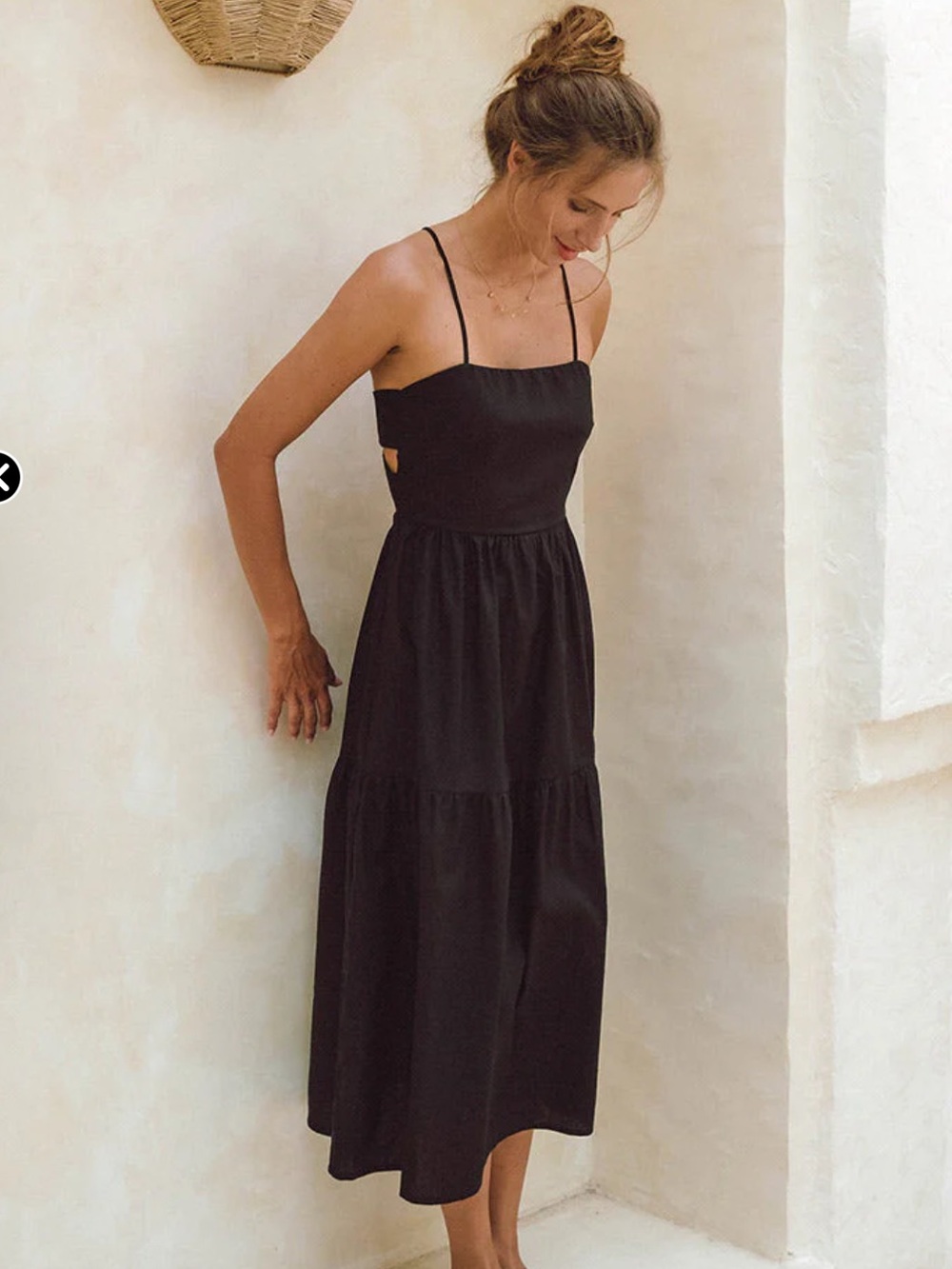 ROVE Joie Linen Spaghetti Strap Black Midi Dress